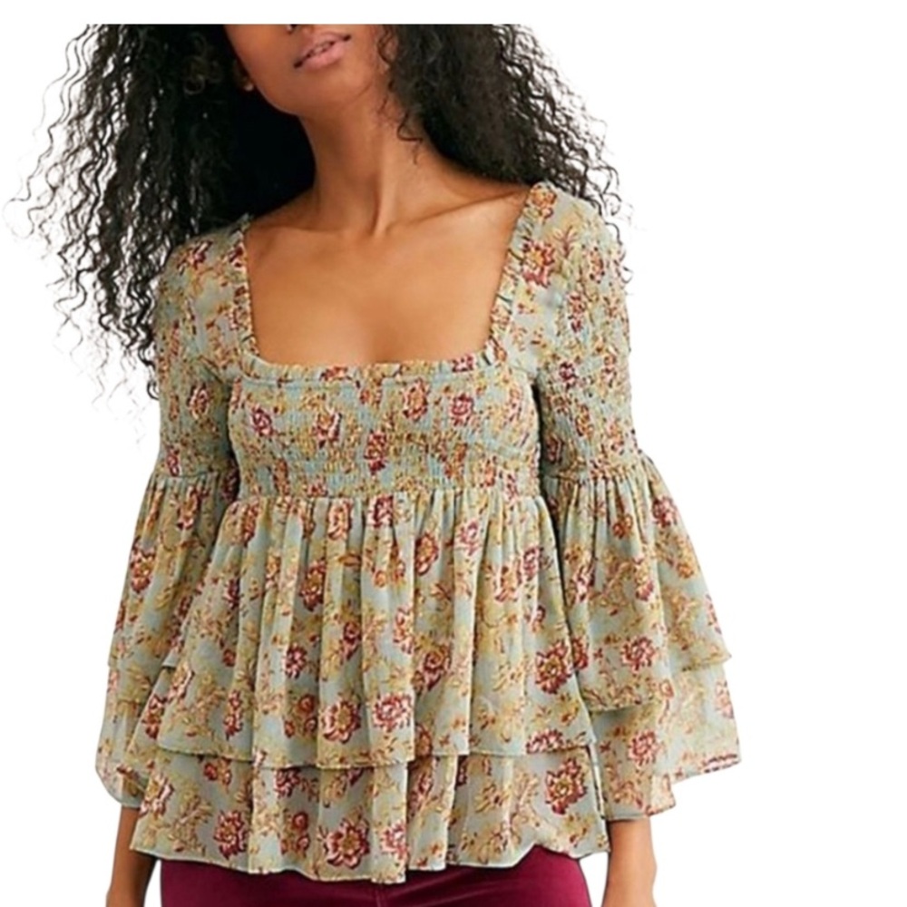 Free People Sage Green Floral Smocked Babydoll Blouse